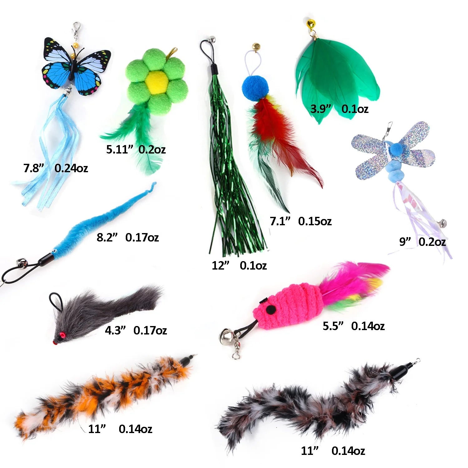11 Pzas De Plumas Para Gatos, Múltiples Estilos De Plumas Para Juguetes De Gatos, Juguete De Plumas De Repuesto Con Recargas De Campana, Atrapador Interactivo Y Ejercicio Divertido Para Gatitos O Gatos